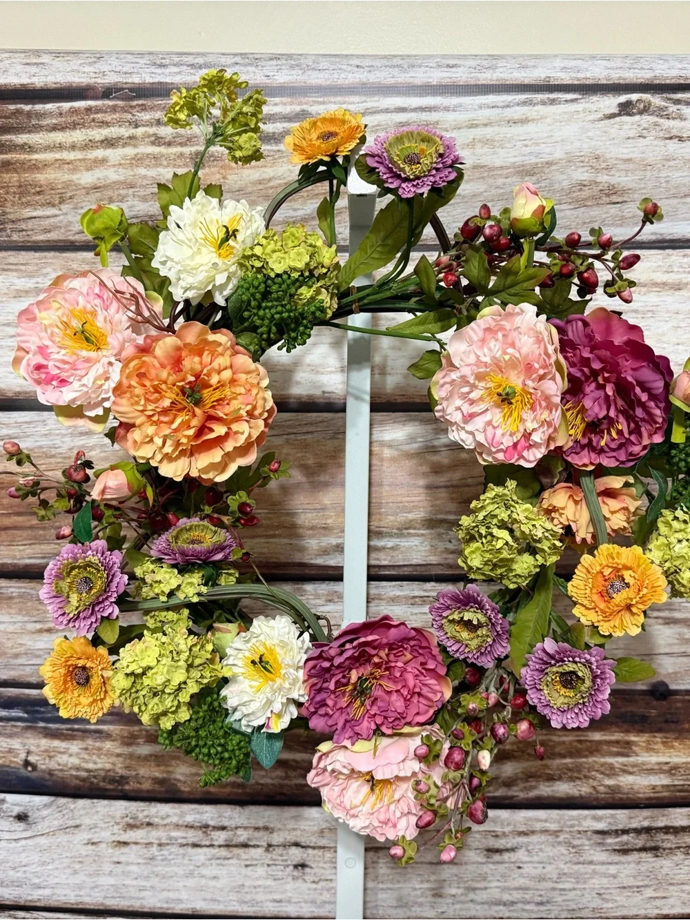 Peach & Pink Mixed Floral Wreath with Green Accents